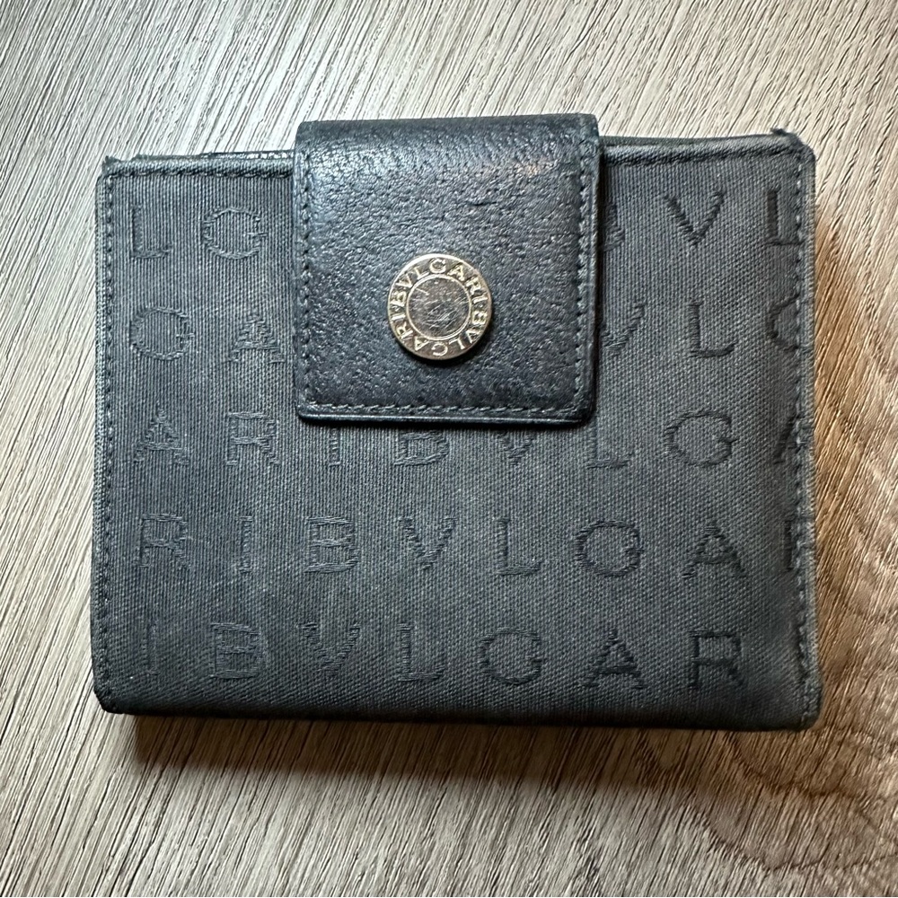BVLGARI Denim & Black Leather Logo Print Compact Wallet